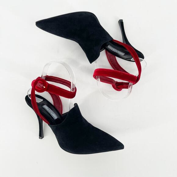 Prada Black Suede Red Velvet Ankle Strap Open Back Pointed Toe Pump IT 38.5 - Picture 4 of 12